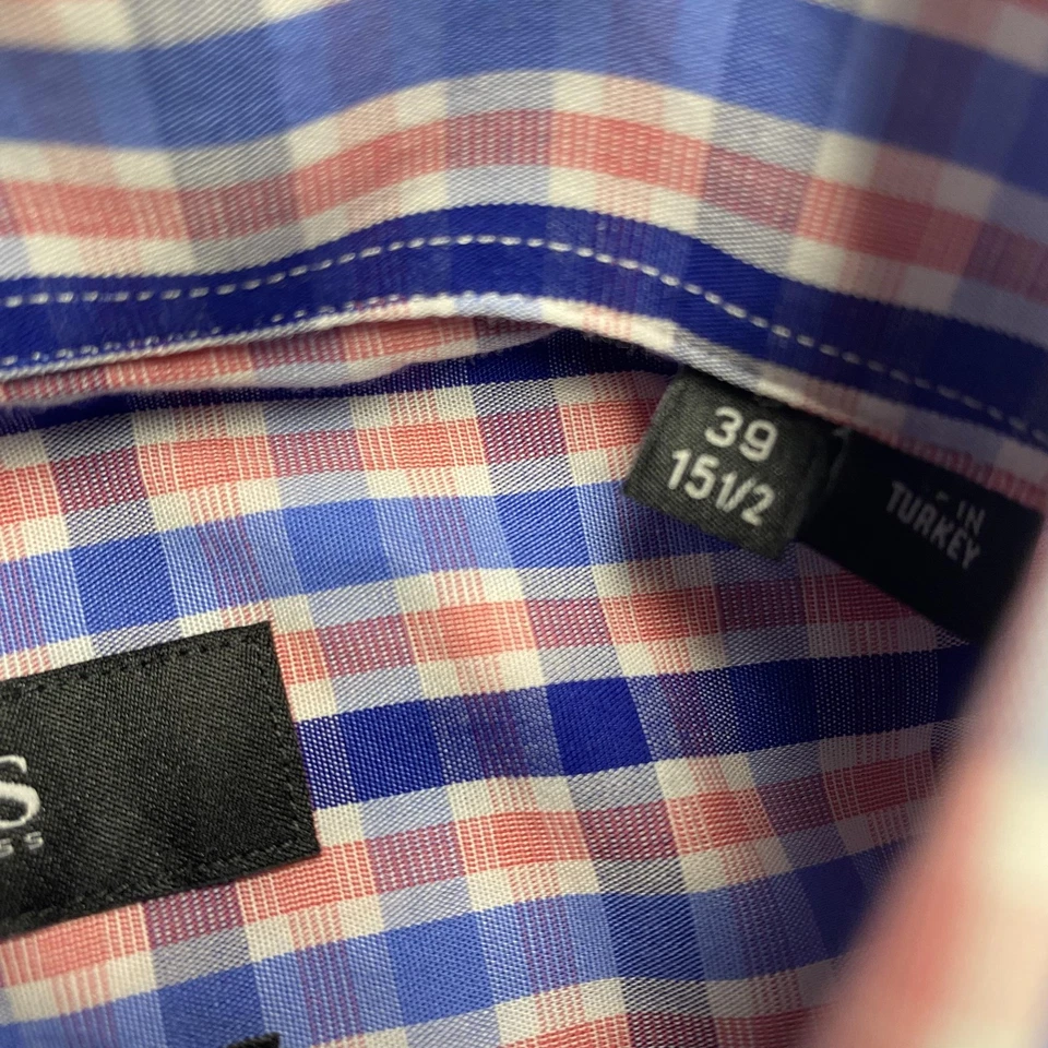 Hugo Boss Shirt Mens 15 1/2 39 Blue Pink Check Slim Fit Dress Italian Fabric - Image 4 of 4