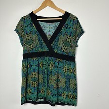 Vtg Y2K Babydoll Top Green Paisley Forest Fairy Grunge Cap Sleeve Boho 90s Art L