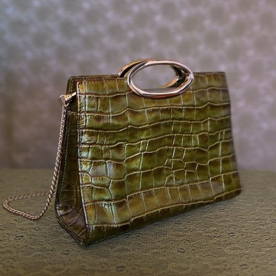 Bellini Metallic Green Crocodile Alligator Embossed Leather Shoulder Bag Purse
