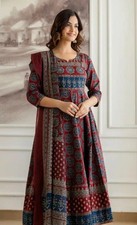 Women s Printed Cotton Anarkali Kurta Pant Dupatta Set Flared Ethnic Suit