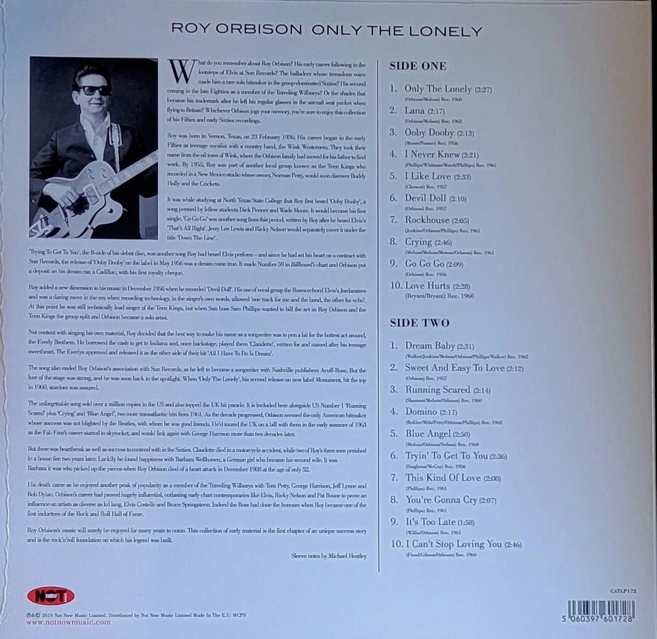 ROY ORBISON ONLY THE LONELY - 180-GRAM VINYL LP " NEW, SEALED " - Image 2 of 2