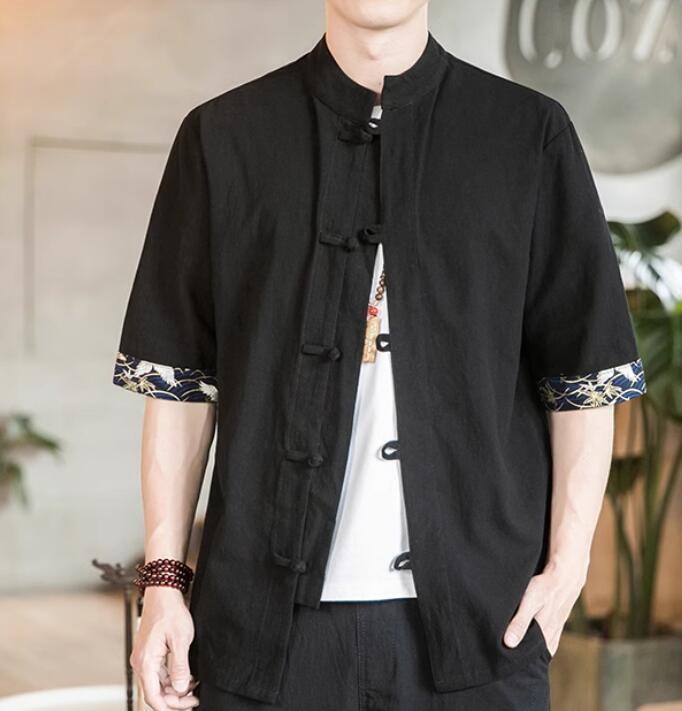 Summer cotton and linen Chinese retro button-down shirt short