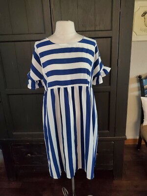 Sucrefas Fit And Flare Dress Blue White Stripe Ruffled Sleeves Women's L NWT 