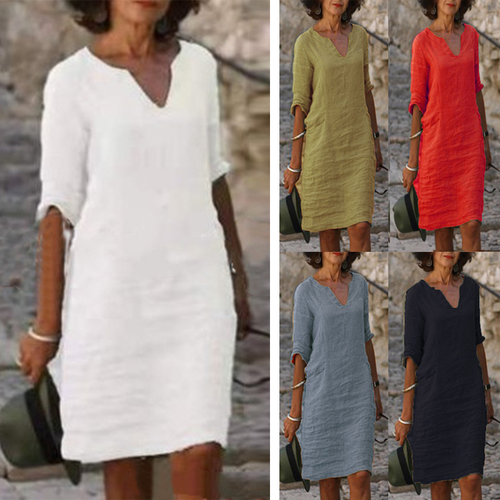 Women's Short Sleeve Cotton Linen Midi 