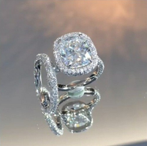 10ct White Cushion CZ Halo Engagement Wedding Ring Set 925 Sterling Silver - Bild 3 von 6