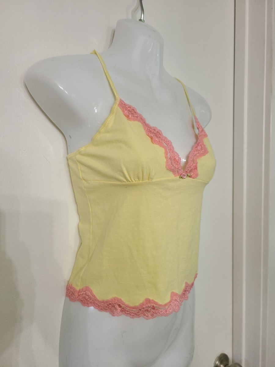 Y2K Stretch Yellow Pink Lace Cami Tank Crop Top Adjustable