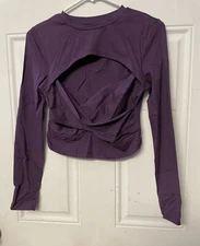 Purple (Size M) Peekaboo Cross Wrap Front Long Sleeve Crop Tee