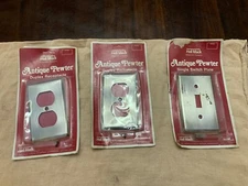 3 Hall Mack Vtg Light Switch Cover Plate & Wall Outlets NOS Antique Pewter USA