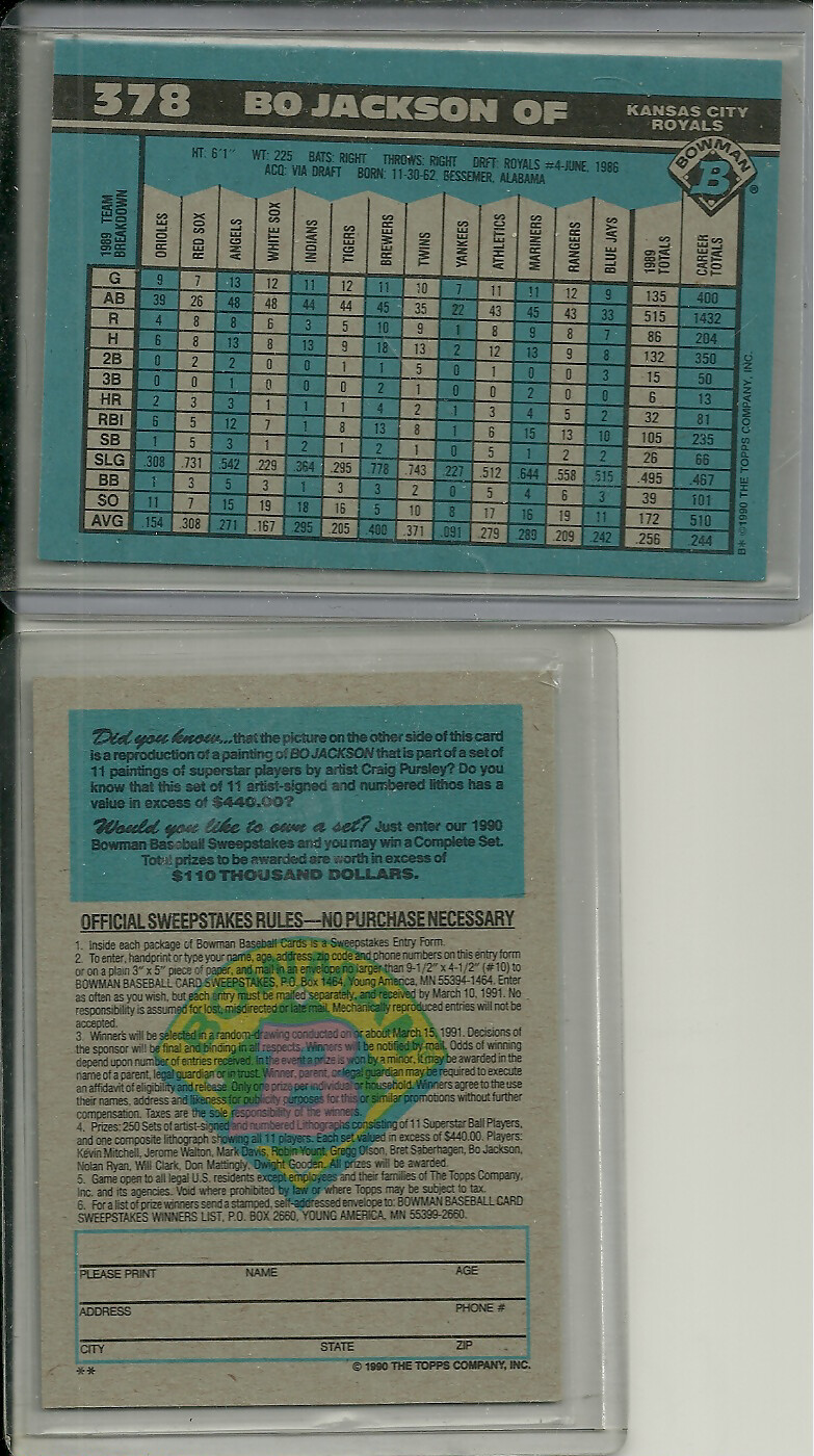 1990 Bowman BO JACKSON 378 and Artists Drawing Sweepstakes Card eBay