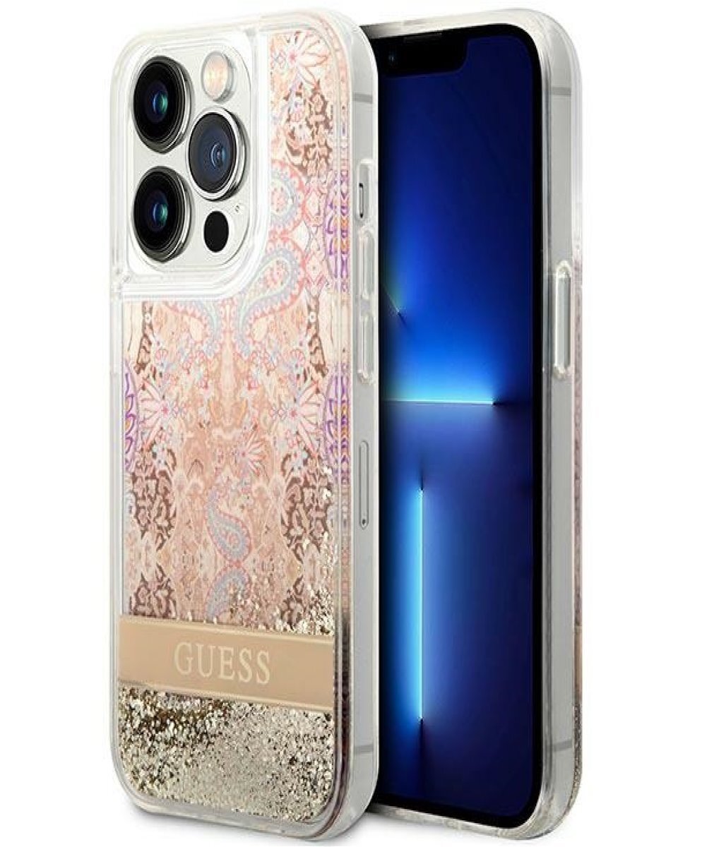 Guess GUHCP14LHGGSHK Handyhülle Für IPhone 14 Pro 6,1 Zoll – Glitzer-Script Design In Schwarz, TPU/PC Material