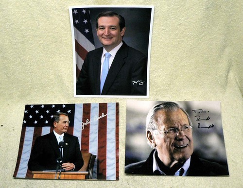 3 Signed AUTOGRAPHED GOP Politician Photos - Donald Rumsfeld, Ted Cruz, Boehner