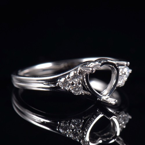 Custom Heart Cut Natural Diamond Engagement Love Ring Semi Mount 14K White Gold - Picture 3 of 11