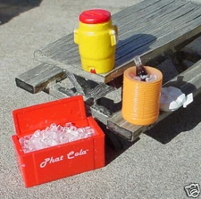 3 Miniature Coolers and Coca Cola Bottle on Ice 1/24 Scale G Scale Diorama Items