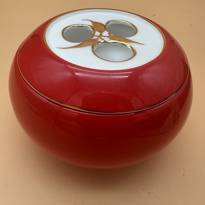 Auratic Red Bama Tea Canister Three Holes Red Gold Detail And Japanese Graphic