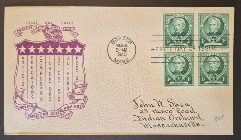 1940 First Day Cover Block Of 4 US Scott 869 Horace Mann Famous Americans FDC