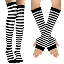 Women Socks Striped Knee High Socks Leg Arm Warmer Fingerless Black and White