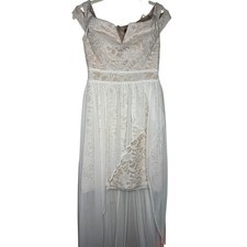 Morgan & Co Off the Shoulder High-Low Lace Women's Dress Color Beige 