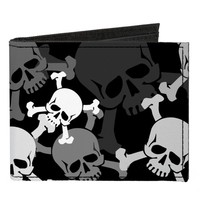 Canvas Bi-Fold Wallet Top Skulls Stacked Black/Gray/White (Us Import)