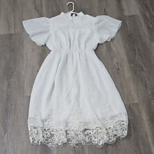 JJ's House White Floral Embroidered Midi Dress Girls M Flutter Sleeve