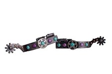 Showman Antique Gray Steel Spurs w/ Purple/Teal Marble Studs Texas Star Design