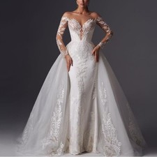Mermaid Wedding Dress Detachable Train Long Sleeved Decal Layered Bridal Gown