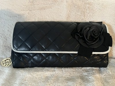 DKNY Black Quilted Leather Clutch Shoulder Bag w/ White Trim & 3D Flower Detail 