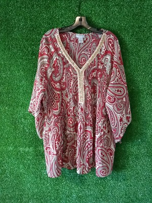 Catherines 2X Red And Cream Beaded Blouse Down The Front Cheer Pre-owned...