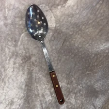 Vtg Robinson Knife Co Slotted Spoon Stainless w riveted Wood Handle USA  12”