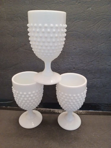 Vintage Set Of 3 Fenton Milk Glass Hobnail Water Goblets 8oz. USED FREE SHIPPING