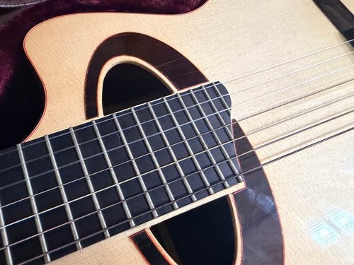 Laviolette Custom 7 String Classical Acoustic Electric Guitar with light wood fretboard, black strings, and dark rosewood hardware.