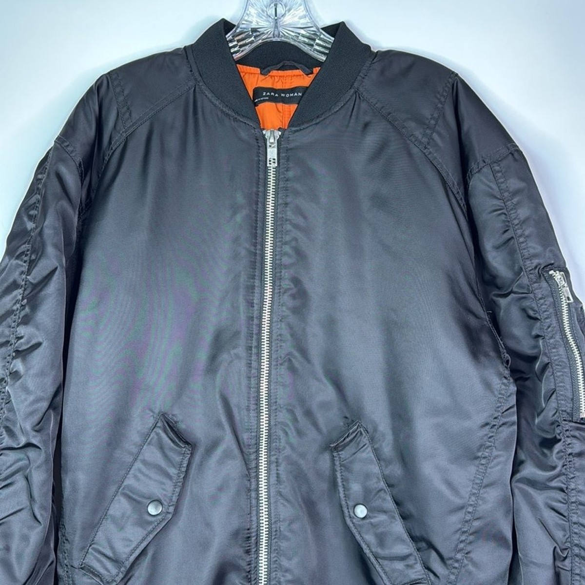 Zara Black Oversized Bomber Flight Jacket Size XS/S View 2