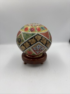 Vintage Hand Painted Camel Bladder Mosaic Globe Lamp Decor w/ Wood Base