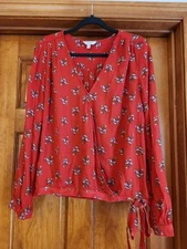 Lucky Brand Top Womens Large Peasant Red Floral Faux Wrap Red Print 