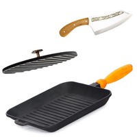 28Cm Grillpfanne Holzgriff Ø19,5 Cm Grillpresse Gusseisen Hackmesser Pressdeckel