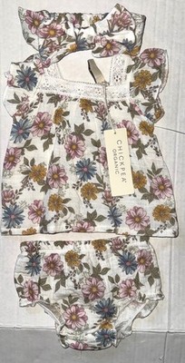 CHICK PEA Organic 3 piece set ivory/white FLORAL motif size 0-3 months