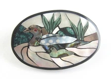 Vintage Abalone Mother of Pearl Inlaid Mosaic Mallard Duck with Baby Brooch Pin