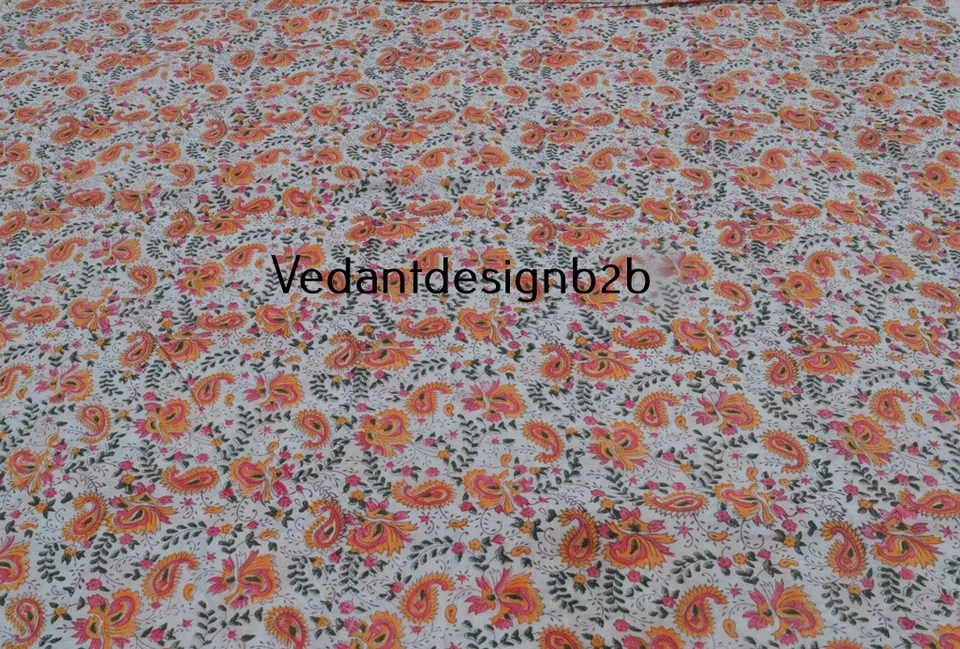 Indian 3 Yard Cotton Handcrafted Hand Block Floral Print Multicolor Fabric - Image 4 of 4