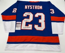 BOB NYSTROM NEW YORK ISLANDERS AUTOGRAPHED CUSTOM JERSEY JSA WITNESS COA 2 INSC