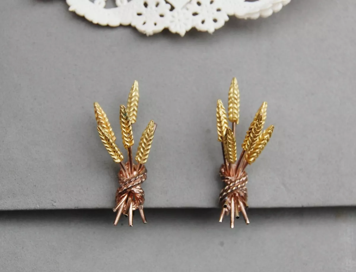 Karu Wheat Motif Earrings Vintage Screw Back Yellow & Rose Gold Tone 1  1/2" 3D