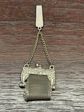 Vintage Victorian Ornate Silvertone Chatelaine Mesh Coin Purse on Chain W/ Clip