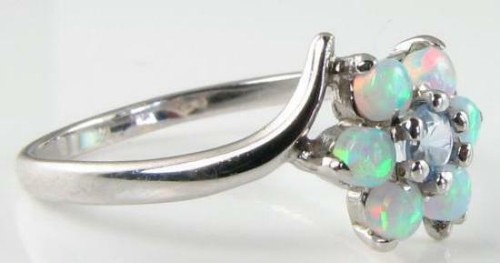 9K 9CT WHITE GOLD AQUAMARINE & FIRE OPAL TWIST ART DECO INS RING FREE RESIZE - Picture 5 of 6
