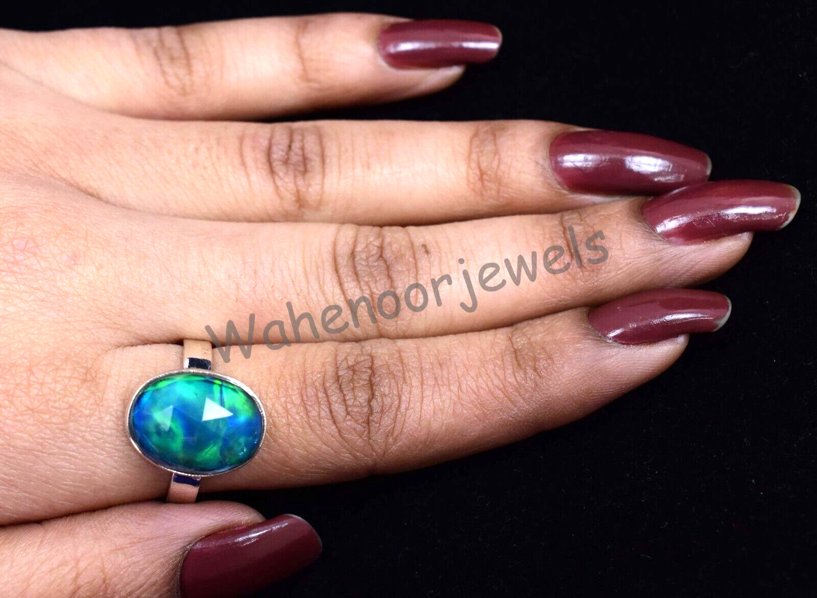 Aurora Blue Opal 925 Sterling Silver Adjustable Ring Oval  Beautiful Women Ring
