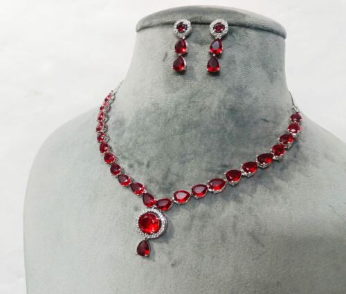 Bollywood CZ Ruby Red Necklace Choker Earring Bridal Wedding Statement Jewellery - Picture 6 of 6