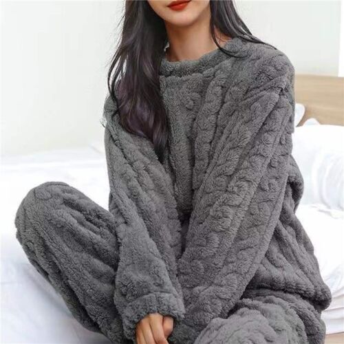 Damen Fleece Pyjama Set weich warm Rundhalsausschnitt Oberteil Hose Loungewear Nachtwäsche USA - Bild 27 von 30