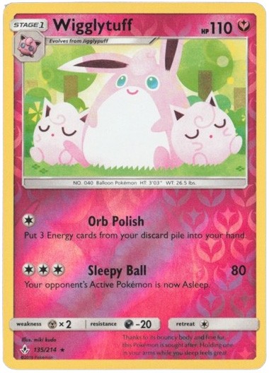 Pokemon Card - S&M: Unbroken Bonds 135/214 - WIGGLYTUFF (reverse holo) - NM/Mint