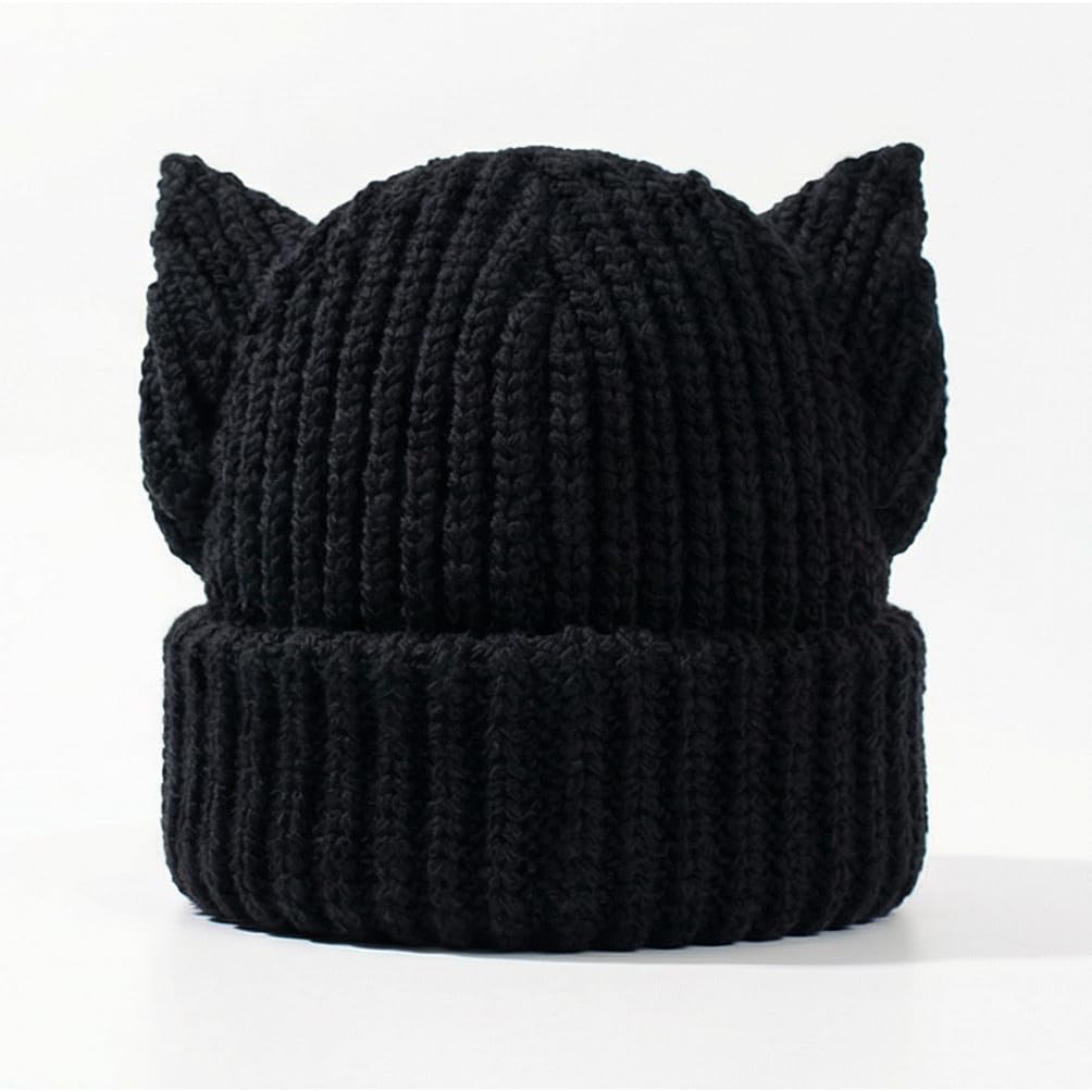 Cat Ear Beanie Y2K Cute Knit Hat with Ears Warm Crochet Hat Skull