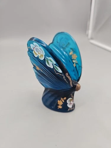 FENTON Glass BUTTERFLY Blue FIGURINE Floral Hand painted ARTIST SIGNED & Label
