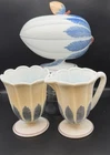 RARE EAPG Atterbury Milk Glass Melon Leaf Compote Creamer Sugar Hand Painted