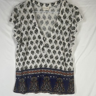 Everhart Women s V-Neck Cap Sleeve Paisley Tunic Blouse White Blue M