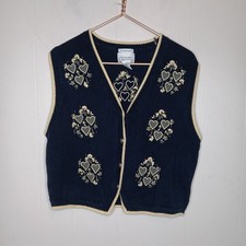 VTG Y2K Christopher Banks Sweater Vest XL Navy Hand Embroidered Cottage Granny